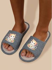 Cute Cat Mug + "Healing Time" Slogan Linen Slip-On Slippers, Non-Slip Wear-Resistant, Suitable For Women All Seasons - Blue - View 4
