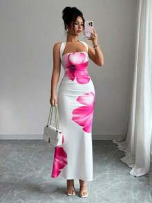 Vestido midi estampado de verano 2025 para mujer, con cuello halter y cintura ajustada. - Blanco - Ver 12