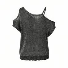 女士斜领不对称肩部性感百搭银黑色针织薄纱套头毛衣，适合日常穿着、约会、度假、春夏穿着。 - 黑色 - 查看 10