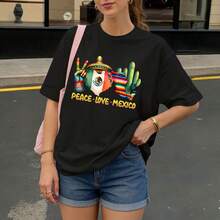Camiseta negra con estampado de sombrero mexicano cactus y texto Peace Love Mexico para fiestas y viajes - Negro - Ver 3