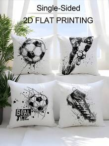 4pcs Black & White Soccer Print 2D Flat Printing Throw Pillow Covers, Single-Sided Printed, Soft, Grunge Football, Soccer Shoes & "Goal Time" Quote Pillow Covers, Suitable For Sports Fans, Washable, Durable, Perfect For Living Room, Bedroom, Sofas, Couches Decoration, Single-Sided Design, Not Real Embroidery, Zippered - Multicolor - View 12