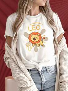 T-shirt da donna a girocollo e maniche corte con segno zodiacale Leone, simpatico motivo leone, tema astrologico, top nero girocollo, stampa divertente, adatta per feste di Natale, attività sportive, feste di vacanza, viaggi, sport e altri regali per le vacanze (220 g). Estate. - Bianco - Visualizzare 1