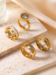 Set de 4 anillos de mujer elegantes y de moda con elementos de zirconia con letras romanas cortadas, de acero inoxidable con diamante de imitación, adecuados para uso diario, festivales, citas, compromisos, bodas y regalos - Plata 1 - Ver 18