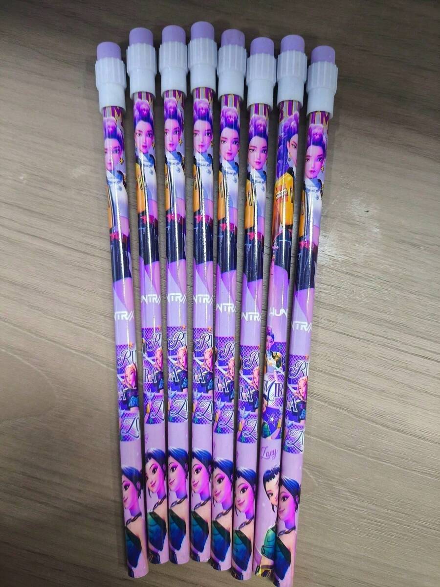 12 pezzi Set di matite con cartoni animati di ragazze, con grandi gomme in cima, articoli di cartoleria popolari coreani, stili casuali - Multicolore - Visualizzare 1