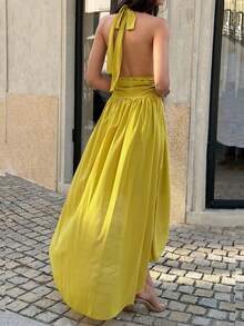 Women's Elegant Yellow Spaghetti Strap Deep V-Neck High-Low Hem Formal Evening Dress, Waist Tie Design Suitable For Parties And Weddings - Green - View 2