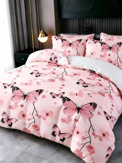 Bộ 3 món họa tiết bướm hồng và hoa anh đào dễ thương, bao gồm vỏ chăn và vỏ gối (mẫu ngẫu nhiên), bộ ga trải giường, bộ chăn ga mềm mại, ấm áp và thoải mái cho phòng ngủ, phòng khách, ký túc xá, in hình hoa hồng, chất liệu mềm mại, thân thiện với da, cao cấp.