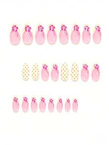 24pcs Medium Almond Shaped Fashion Nail Stickers, Pink & Yellow Polka Dot Pattern, Minimalist Chic Suitable For Spring/Summer, Includes 1 Adhesive Sheet & 1 Mini File, Random Delivery - Yellow - View 2