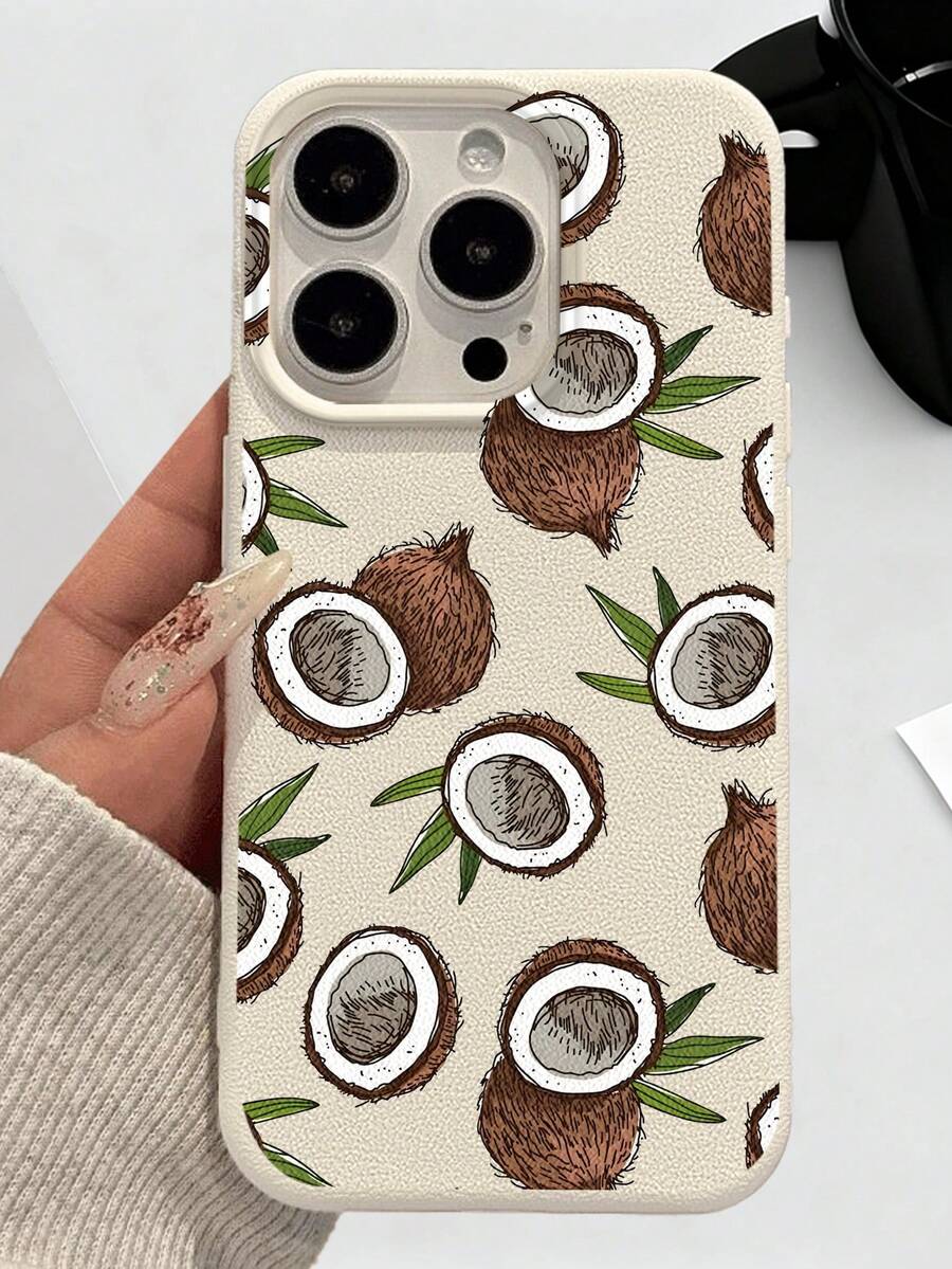 Capa de Telefone em Couro Sintético Premium com Estampa Tropical de Coco em Estilo de Esboço de Resort, À Prova d'Água e à Prova de Poeira, Capa Macia Compatível com iPhone 17/16/15/14/13/12/11/Pro/ProMax/X/XR/XS/XSMAX/7/8/PLUS/Air/Se2/3, Presente Ideal de Aniversário e Feriado para Amigos, Família, Casais e Você Mesmo - Branco - Visão 1