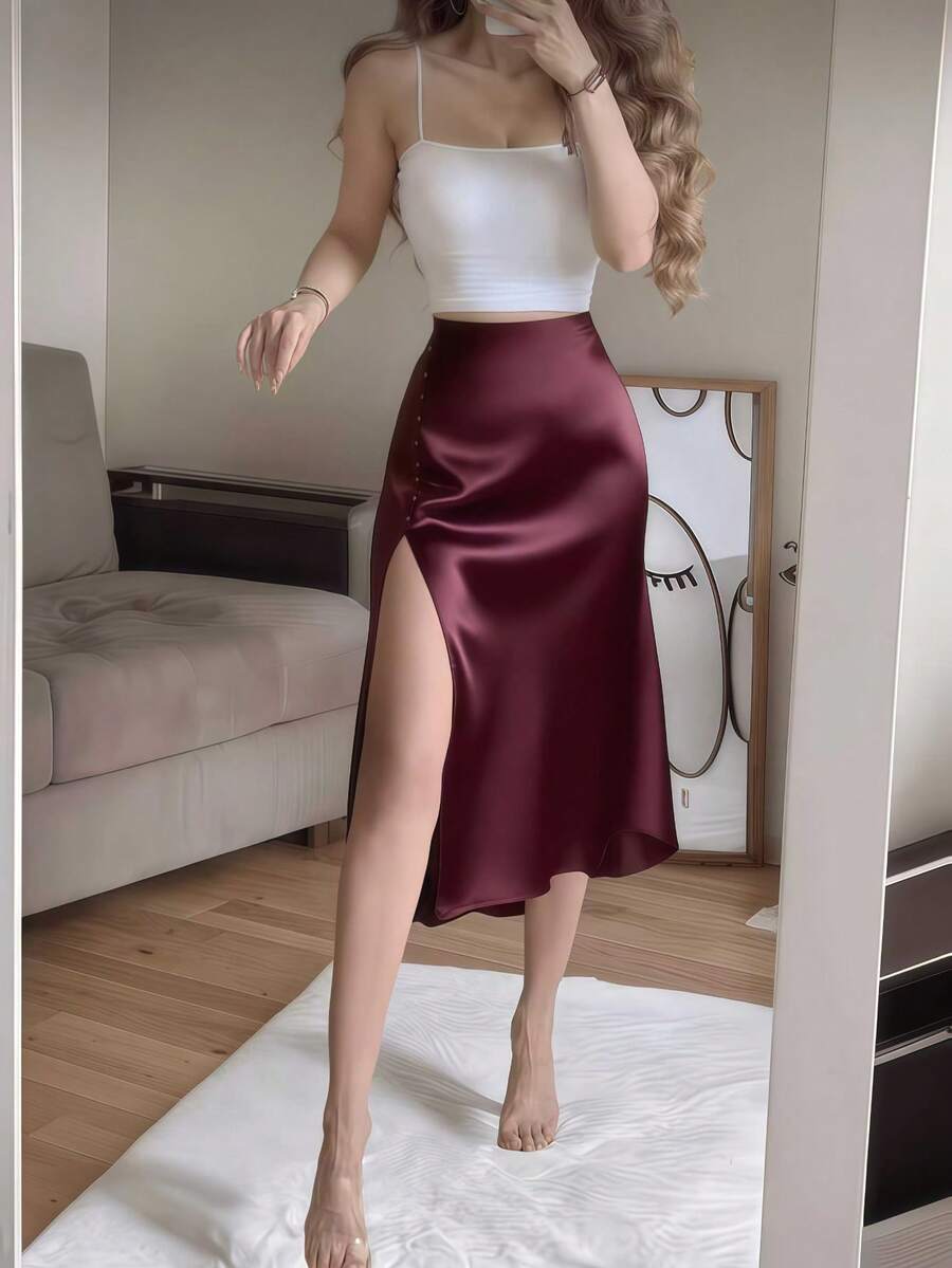 Burgundy Satin Elegant High-Waist High-Slit Button Decor Fitted Skirt Spring - Burgundy - View 1