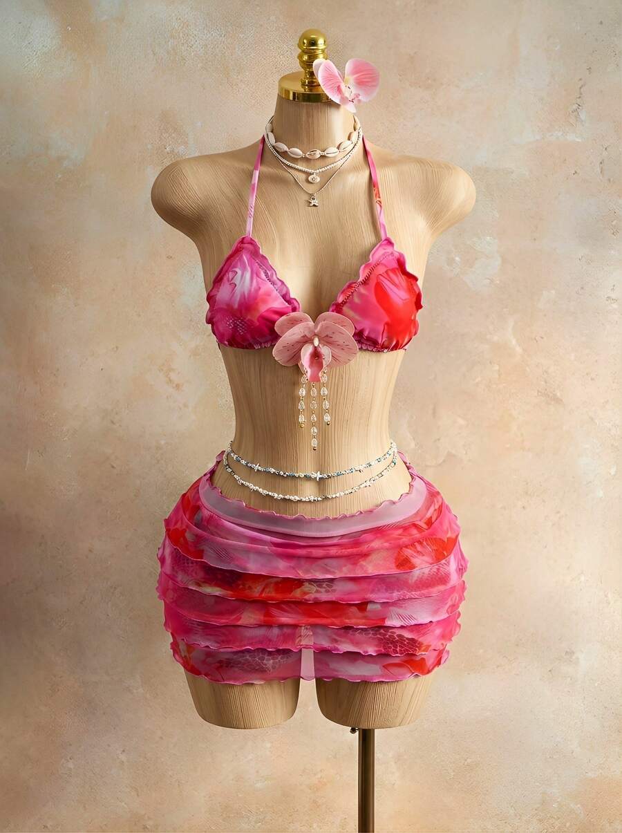 Mistrie 女士印花三件套比基尼,荷叶边装饰,优雅性感,适合海滩派对和假期穿着 - 彩色 - 查看 1