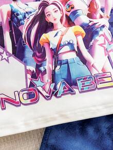 Conjunto de 2 piezas estiloso de degradado púrpura para niñas jóvenes, con parte superior estampada de dibujos animados y shorts estampados, adecuado para actividades diarias, escuela, salidas de fin de semana, fiestas, festivales de música y sesiones de fotos en primavera/verano - Morado - Ver 7