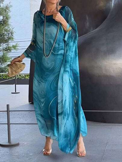 Nuevo vestido de textura de mármol estampado en chiffon de cercanías independiente y elegante