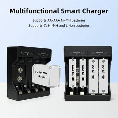 N4119 Smart Battery Charger, Works With AA/AAA NiMH/NiCD & 9V Block Rechargeable Batteries. USB Powered, Overcharge Protection, Your One-Stop Home Battery Charging Solution.