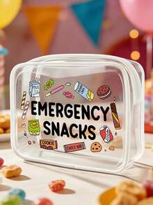 Emergency Snack' Letter Print PVC Cosmetic Bag, Zipper Sealed PVC Travel Organizer Pouch, Lightweight & Durable, Suitable For Women & Girls' Cosmetics & Toiletries, TSA Approved Portable Makeup Case, Easy To Wipe And Clean, Ideal Gift For Mothers, Teachers, Friends And Nurses - 彩色 - 查看 2