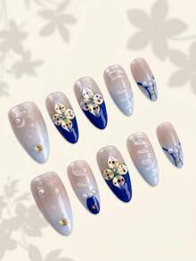 NAILS BASE 10件/組 粉色杏仁形長款法式漸層漸變假指甲，附玫瑰紅花朵，辦公適用中性華麗風，日式手工 P - 彩色 - 查看 3