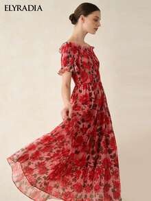 ELYRADIA Váy maxi nữ đi biển mùa hè phong cách Bohemian, trễ vai, xòe gấu, dáng suông thoải mái - Đỏ - Xem 2