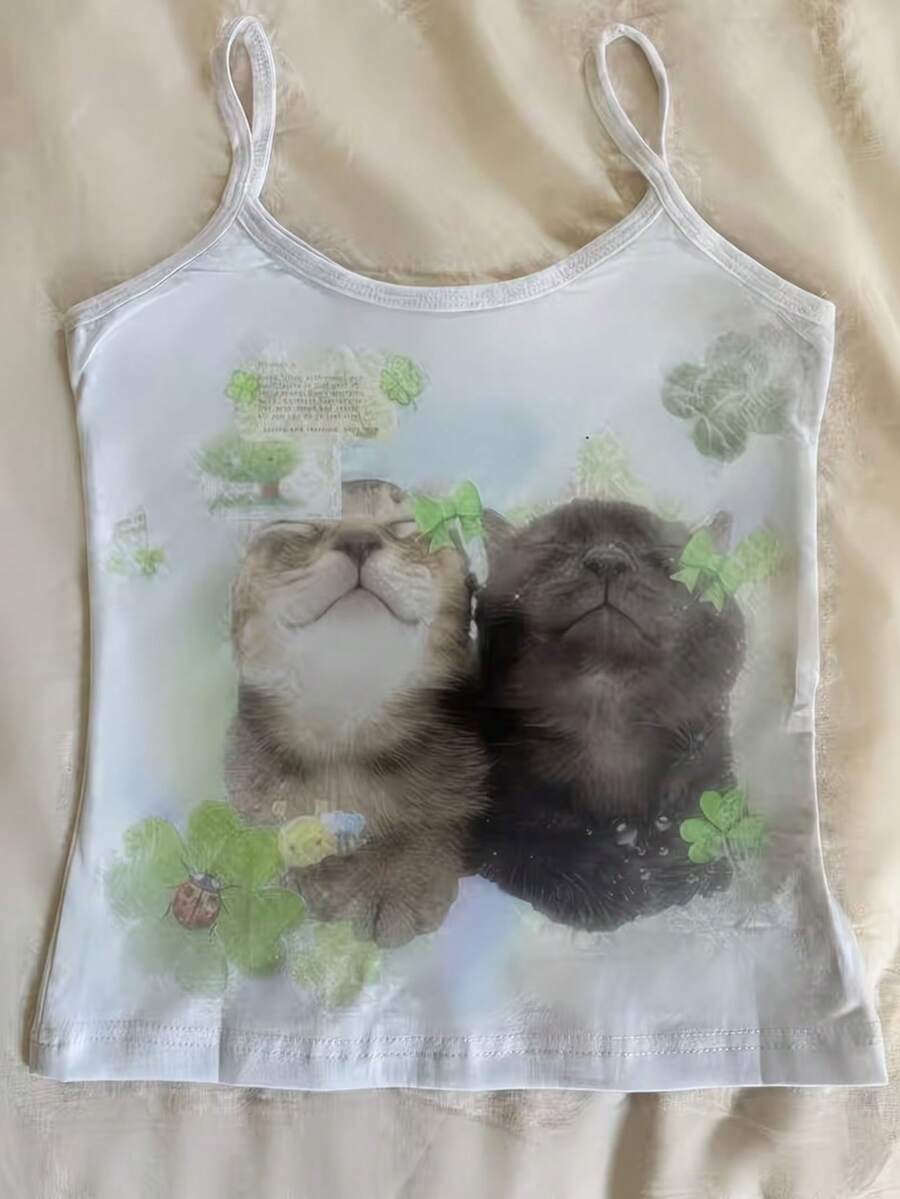 Áo hai dây in hình mèo dễ thương dành cho nữ, chất liệu polyester co giãn cao, thích hợp mặc hàng ngày. - trắng - Xem 1