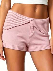 Women's Knit Micro Shorts Casual Slim Fit Buttons Ribbed Elastic Low Rise Mini Shorts Loungewear - Pink - View 3