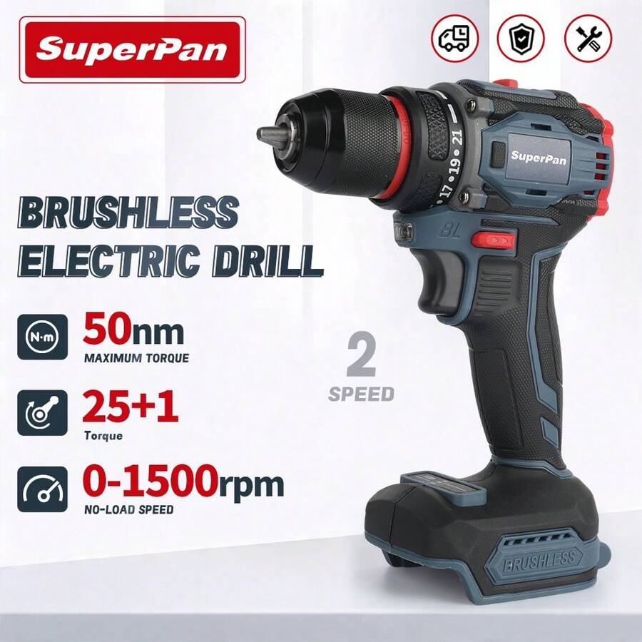 Superpan Brushless Cordless Drill Driver, 50N.M 25+1 Torque, 0-1500RPM, Bare Tool (Battery Not Included) - Grey - View 1