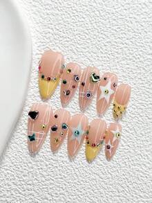 10Pcs Sweet And Edgy Girl Style Handmade Nail Art Set,Unghie Press On,Colorful Hearts And Star Shaped Rhinestones Nail Art Accessories,Stars, Lines Nail Art Decorations,Yellow And White Nail Polish,Fresh Summer Style,Comes With Nail Tools(1 Sheets Jelly Stickers+1PC Nail File)3 Sizes Available,Almond Nails, Duck Nails,Coffin Nails,Suitable For Reunion,Daily,Party,Photograph,Play,Spring Summer,Commute Supplies Nails - 彩色 - 查看 13