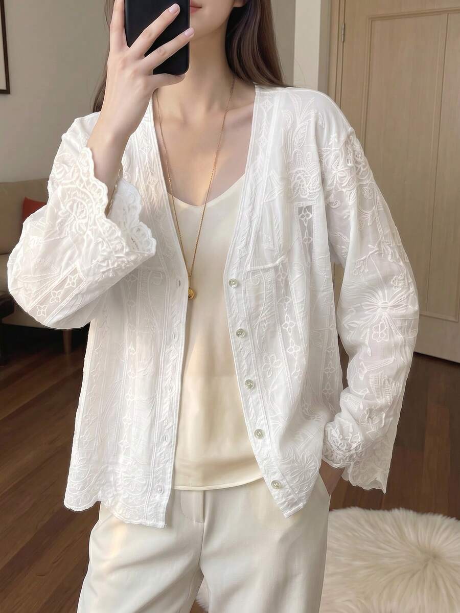 JIANHU Women's Summer Embroidered Sheer Top, Bohemian Floral Lace V-Neck Top, Lightweight & Breathable, Suitable For Beach Vacation, Mother's Day Gift, Holiday White - White - View 1