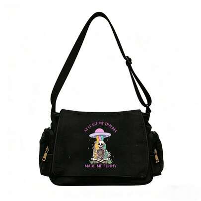 Minimalist Black Canvas Crossbody Bag, Large Capacity, "Trauma Made Me Funny" Graphic Print Shoulder Bag, Dark Humor Style For Daily Use, School, Commute, Shopping