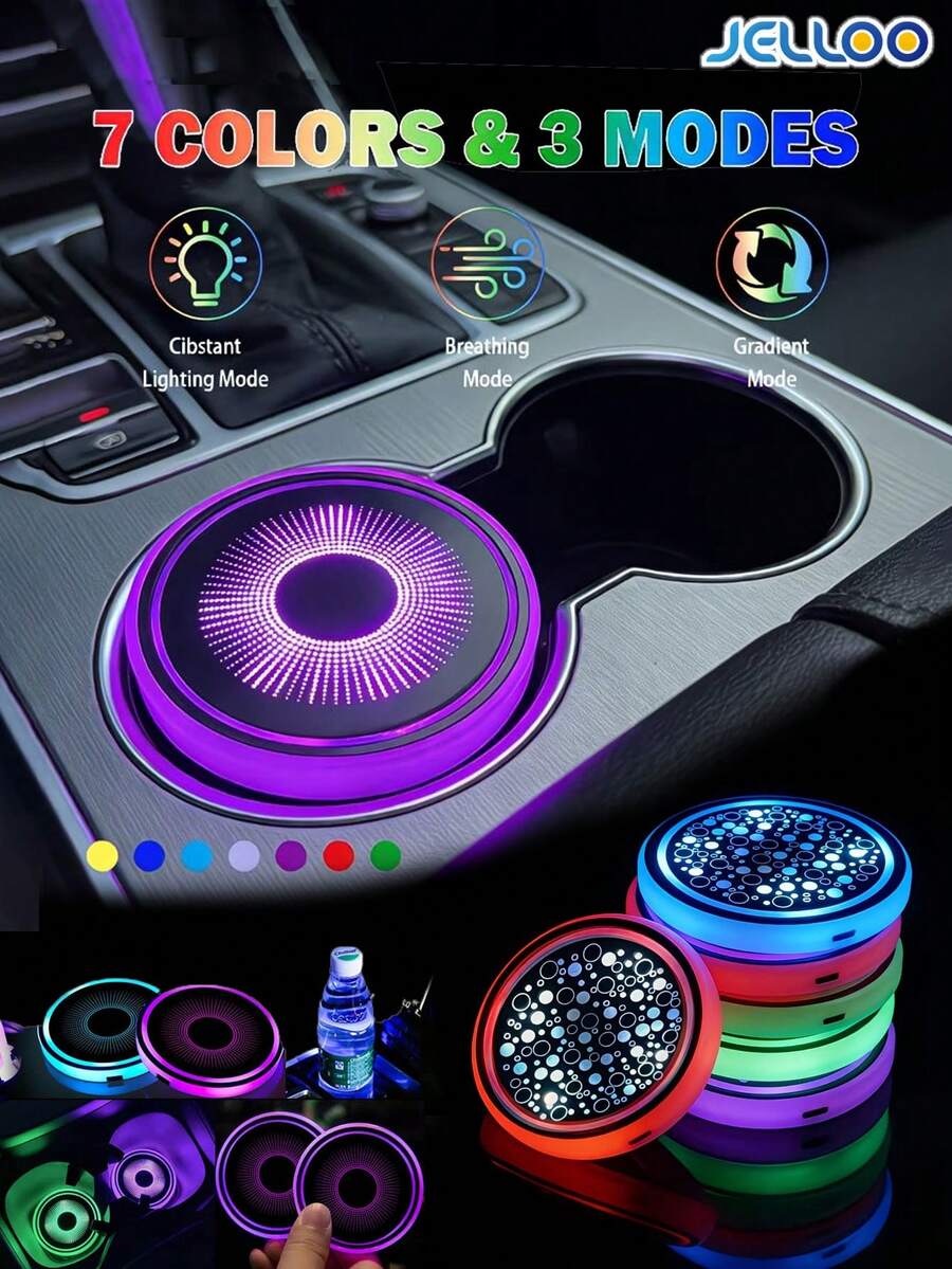 JELLOO 2入 7色變色 LED 車用杯架燈,180mAh USB 充電式防水發光杯墊,汽車內飾配件 - 通用款-發光 - 查看 1