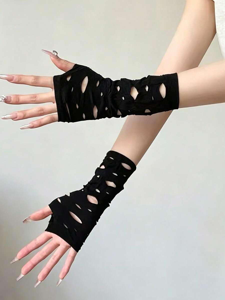 1 đôi găng tay hở ngón kiểu Lolita, phong cách Punk Rock ngọt ngào, màu đen, thích hợp cho nữ hoàng giấc mơ, cô gái mặt trăng, tiểu văn hóa Y2K, chống tia UV.
