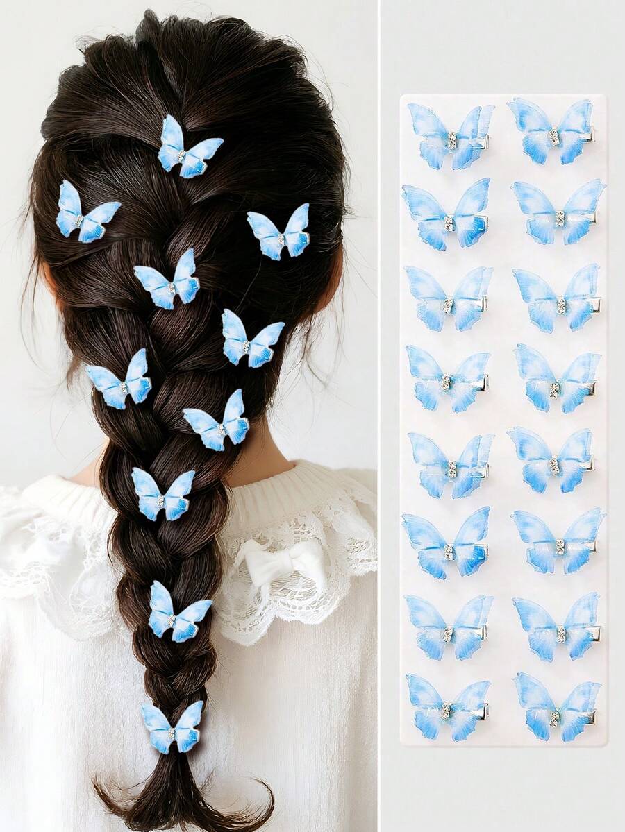 Set de 10 pinzas para el cabello de niña con doble capa de tul transparente con mariposas y cristales, accesorios para el cabello de estilo princesa, pinzas para el flequillo/lateral - Azul - Ver 1