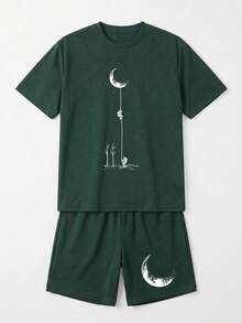 SU ER Men's Printed Round Neck Short Sleeve T-Shirt And Drawstring Shorts Casual Set - Dark Green - View 3
