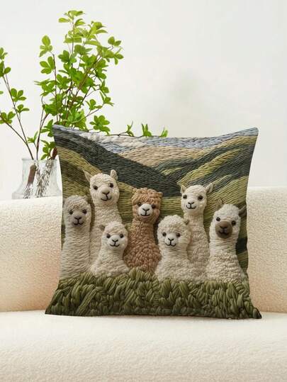 1 față de pernă din catifea de poliester, culoarea piersicii, imprimare 2D plată, 45x45cm, model drăguț cu alpaca (fără broderie), potrivită pentru birou, cafenea, cabană, spații de agrement, decor canapea, inserția de pernă nu este inclusă