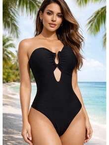 Sexy Women's One-Piece Swimsuit With An Asymmetrical Neckline, Cutouts, And High-Waisted Bottoms. - màu đen - Xem 2