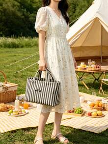 Casual Minimalist Letter Canvas Tote Bag, Striped Pattern Handbag, High Cost-Effective For Outdoor Shopping, Fashion Versatile Suitable For Moms, Students, Office Workers - Grey - View 8