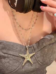1件套多层海星串珠吊坠项链，长款项链，适合海滩、连衣裙等场合，甜美性感风格。 - 銀色 - 查看 2