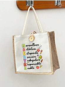 Tas Tote Motif Huruf Maestra dan Apel Aneka Warna, Tas Tote yang Dapat Digunakan Kembali, Tas Penyimpanan Kapasitas Besar yang Lucu, Tas Tangan Perjalanan Ringan - MultiWarna - View 5