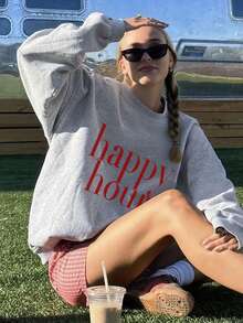Women's Casual Crew Neck Sweatshirt With Minimalist Ins-Style American Design Letter Print, Fashionable And Versatile, Suitable For Autumn/Winter - Dark Gray - View 2