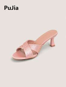 Giày sandal cao gót đính đá lấp lánh dành cho nữ, kiểu hở mũi, quai chéo, gót trung bình, chất liệu satin, thích hợp cho cô dâu, dự tiệc cưới, màu hồng mùa hè. - Hồng - Xem 9