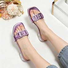 European And American Style Purple Metal Square Buckle Transparent Strap Crystal Chunky Heel Slide Sandals For Women, Summer - Purple - View 8