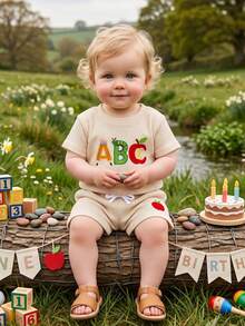 Toddler Boys Cotton Shorts Set Apple Letter Embroidered Casual Preppy Summer Back To School Outfits - Apricot - View 4