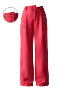 高腰裤，不对称腰带条纹阔腿裤，办公西装裤，红色休闲裤，褶裥直筒裤（春季款） - 紅色 - 查看 3