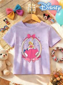 [Disney Authorized] Front: Aurora With Castle, Bow, Star Elements Back: Aurora And Prince Philip With Forest Animal Elements And Text "TRUE LOVE'S KISS" Double-Sided Print Pattern Girls' T-Shirt - Children's Clothing Design Short-Sleeve Casual Cute Style Comfortable And Relaxed Suitable For Boys And Girls, Perfect For Parties And Play Machine Washable Gift Children's Clothing Girls' Short-Sleeve Shirt - 紫丁香色 - 查看 4