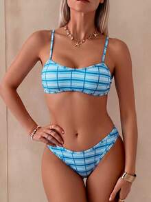 Set de 2 piezas Bikini bandeau con estampado floral rosa para mujer, con tirantes desmontables adecuado para vacaciones en la isla y sesiones de fotos en la playa en verano - Multicolor 8 - Ver 3