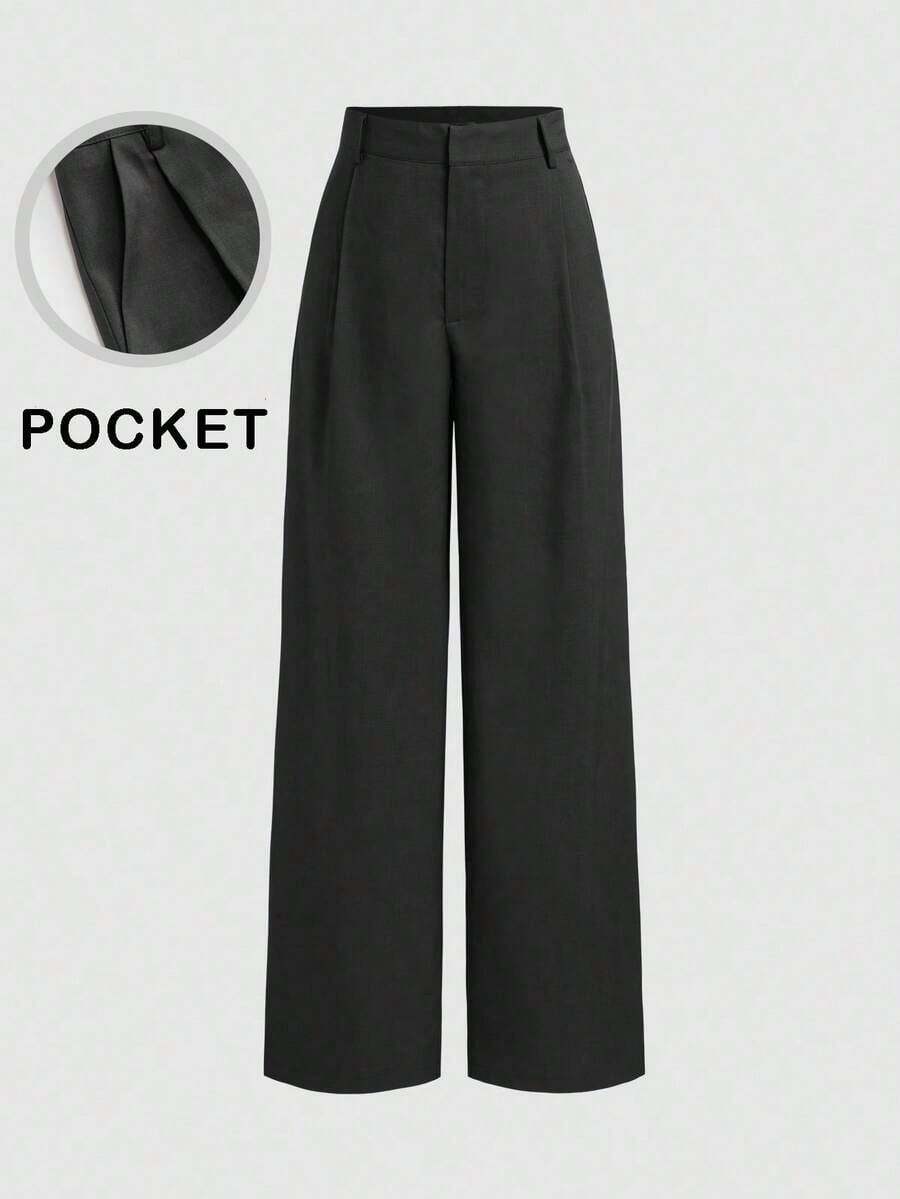 Mono de diseño minimalista Vela Rue con cierre de gancho y cremallera, pantalones anchos de color azul marino sólido semitransparente y ligeros, pantalones anchos de moda para todas las estaciones - Negro - Ver 1