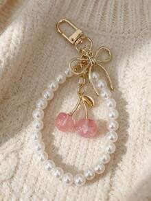 Llavero de cristal transparente multicolor con perla en forma de cereza, cordón delicado con lazo, accesorio versátil y femenino para bolso - Multicolor - Ver 6