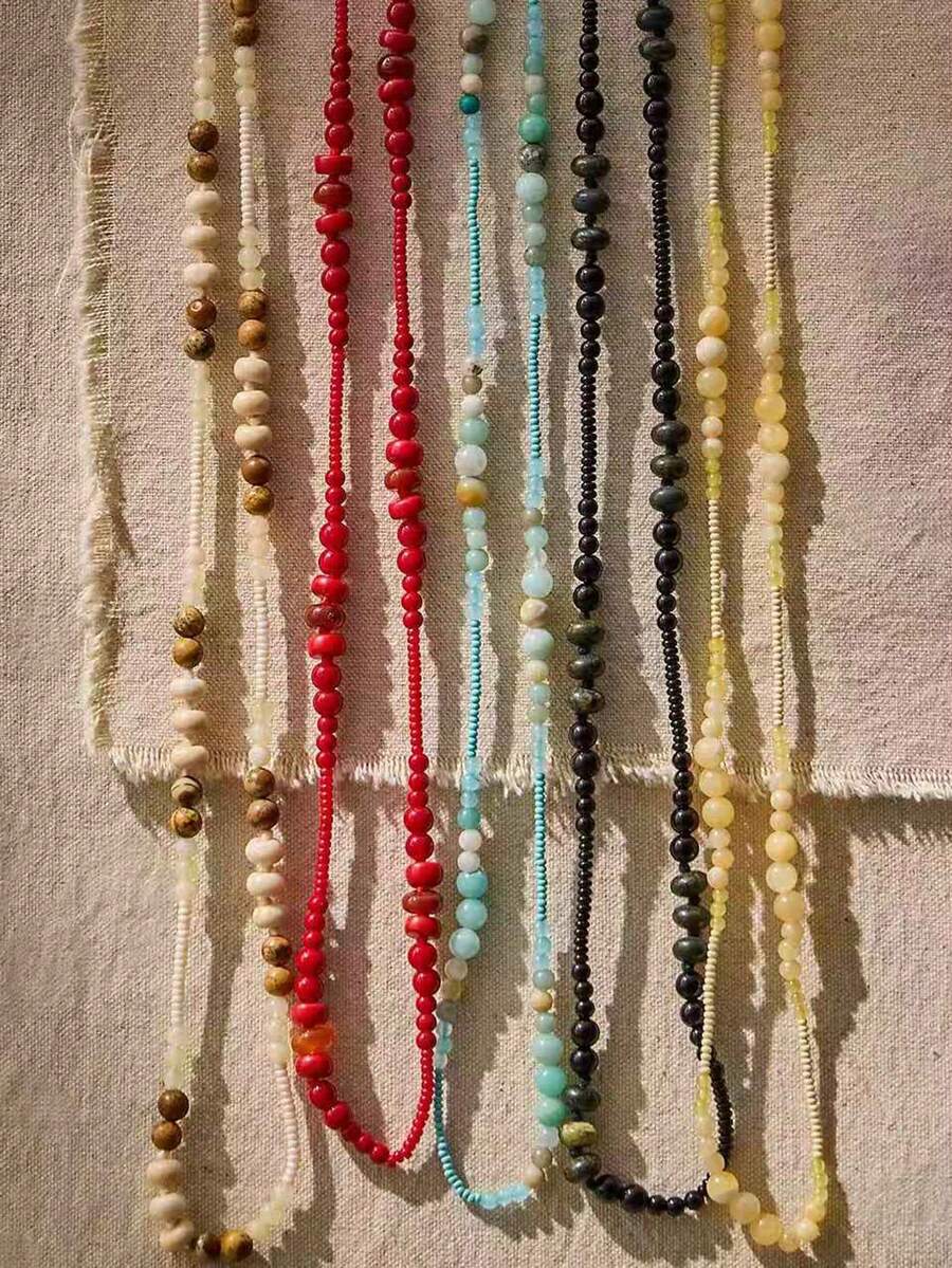 1 Pc Natural Stone Rosary Beads Necklace For Women, Boho Handmade Beaded Statement Necklaces, Vacation Style Bohemian Jewelry - Multicolor - View 1