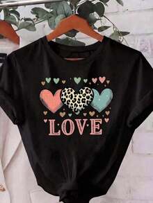 Camiseta Casual de Poliéster para Mujer, Cuello Redondo, Manga Corta, Largo Regular, con Estampado de Leopardo y Gráfico de Corazón, Camisetas Gráficas de Verano para Mujer - Negro - Ver 2