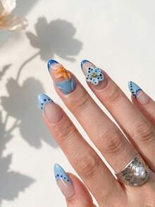 NAILS BASE 10件組 粉色杏仁形長款法式漸層漸變假指甲，附玫瑰紅花朵，杏仁形甲片，適合辦公場合的中性華麗風，日式手工製作 - 彩色 - 查看 2