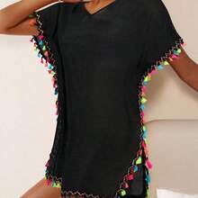 Swim Vcay Women's Vacation V-Neck Loose Straight Cover Up Dress With Colorful Pom-Poms Trim Summer - Beis - Ver 4