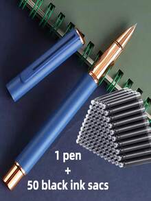 1 penna + 50 st. refillpatroner, matt metallreservoarpenna, mjuk skrift, lämplig för skolan, kontoret, present, kompatibel med 3,4 mm bläckpatroner - 51-delat set - Visa 15