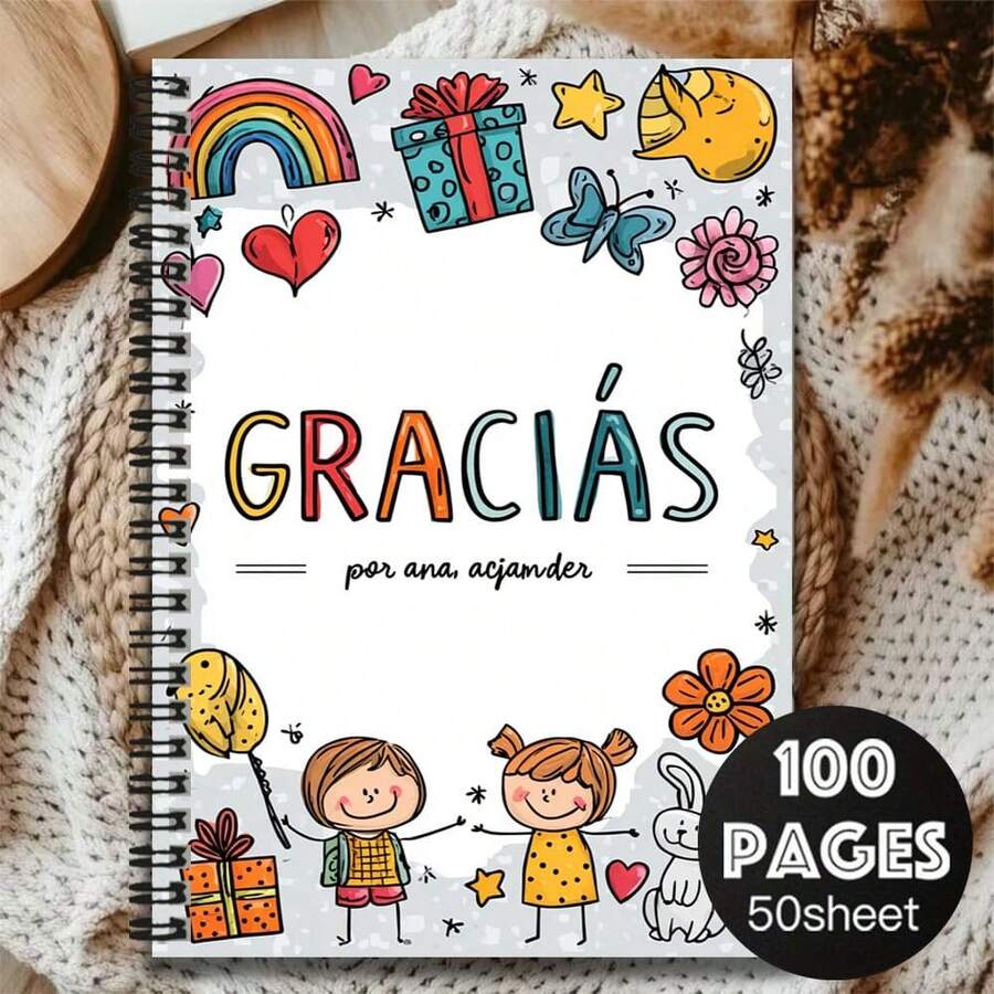1pc Cute Hand-Drawn Spiral Notebook, "GRACIÁS" Cover Text With Adorable Patterns, Warm And Suitable For Learning, Journaling, Daily Planning. Great Gift For Graduation, Birthday, Work, School Use. 100 Pages/50 Sheets, Very Practical. - F - View 1